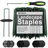 FOTMISHU Landscape Staples 6Inch 50pcs Garden Stakes + 50pcs Gasket, Lawn Pins with Spray Coating Craft, 11Gauge Anti-Rust Ground Yard Spikes Anchoring for Outdoor Tents Irrigation Hoses (Green)