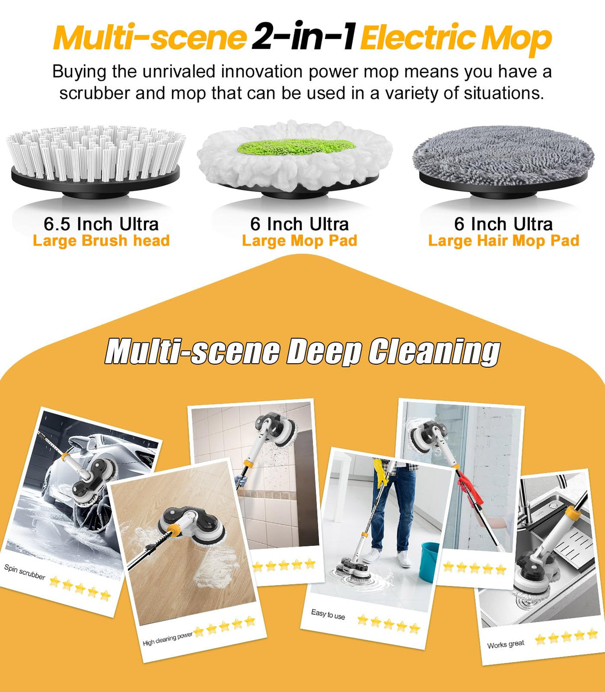 qimedo 800RPM Cordless Electric Mop, 6000mAh Battery Electric Power Scrubber & Mops for Floor Cleaning, Best Automatic Spin Mops with Smart Display,Rotating Mop with LED Light & Water Spray