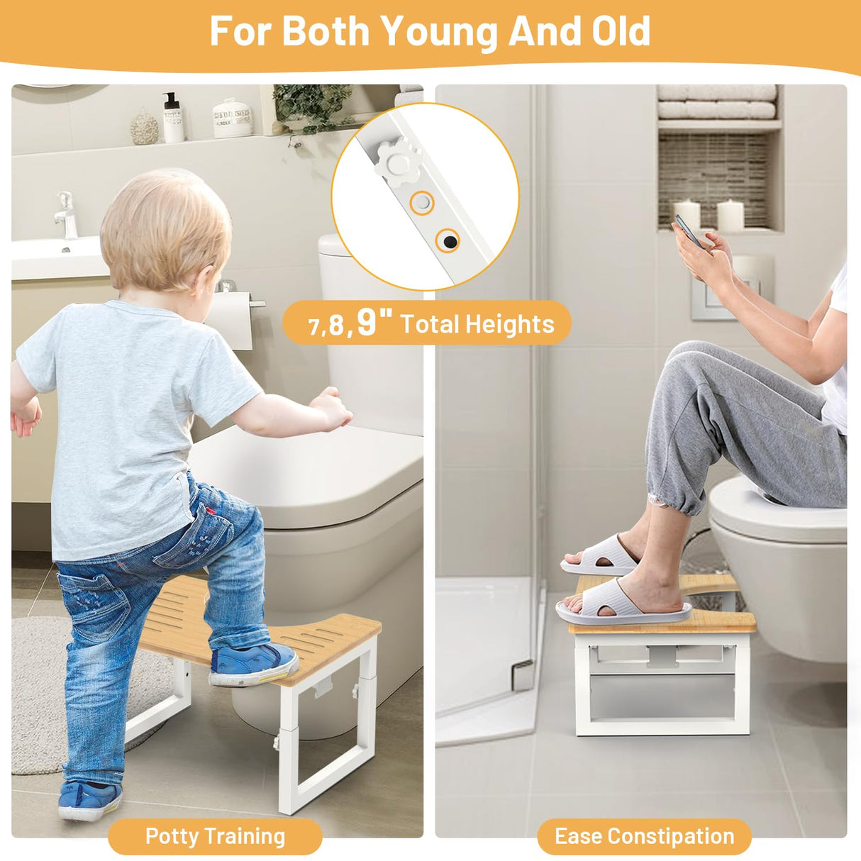 Bamboo Toilet Stool Foldable, 7 in, 8 in Or 9 in Adjustable Height Squat Stool Potty for Adults Kids, Sturdy Poop Step Stool for Bathroom, Improve Squatting Posture, Non-Slip,500 lbs Capability