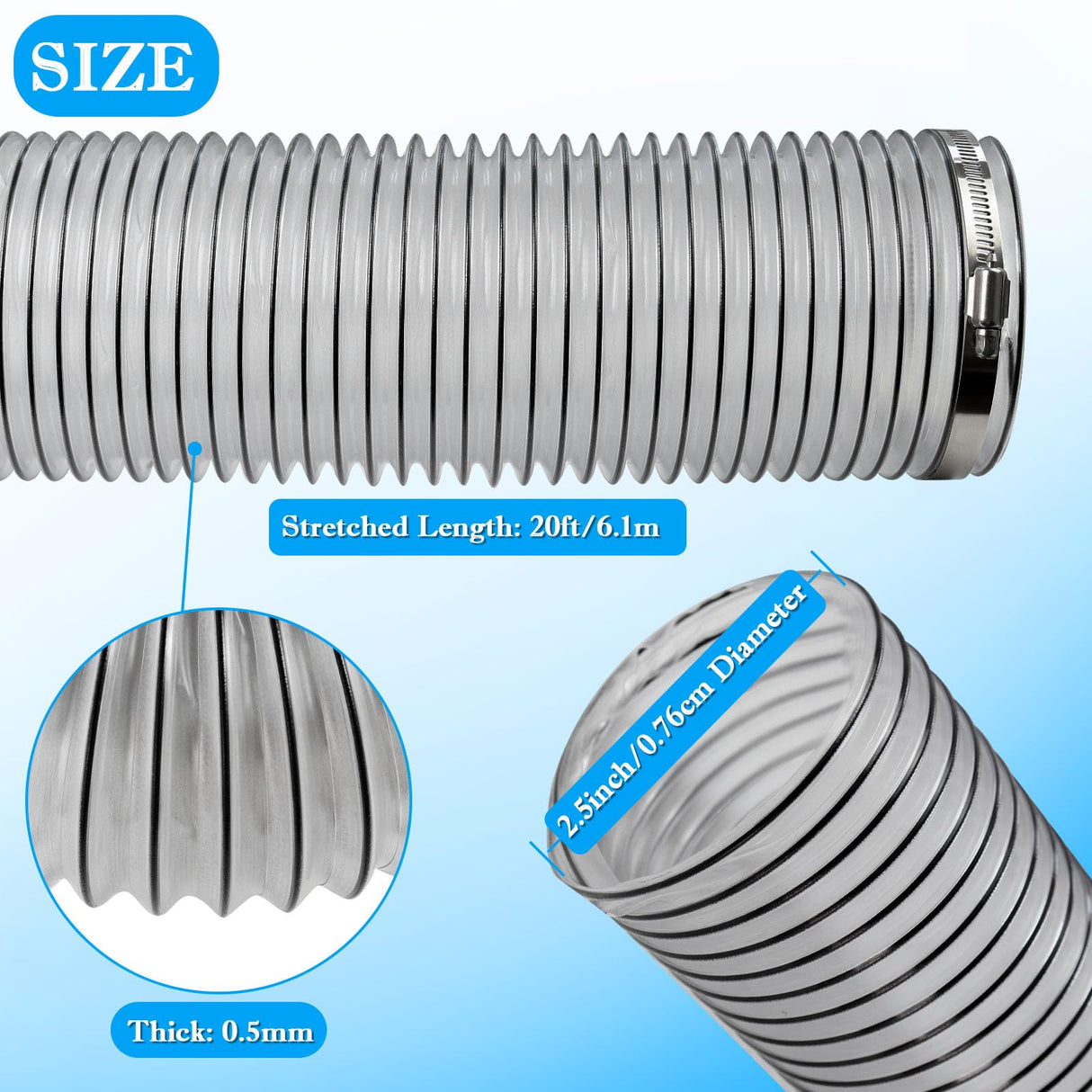 2-1/2" x 20' PVC Dust Collection Hose,2.5 Inch Dust Collector Hose,Dust Vacuum Hose Tube Pipe Flexible Clear PVC Fume Hose w/Carbon Steel Wire for Woodworking,Workshops,Dust Collectors
