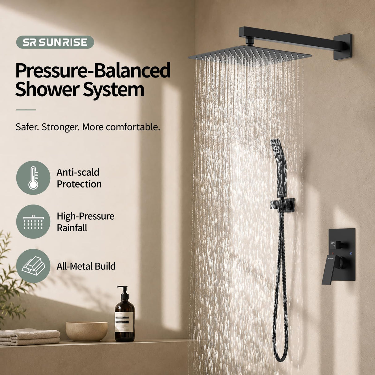 SR SUN RISE Black Square Rainfall Shower Head and Handle Set, Wall Mounted Shower Fixtures, Metal Shower Faucet Trim Repair Kits (With Shower Valve)