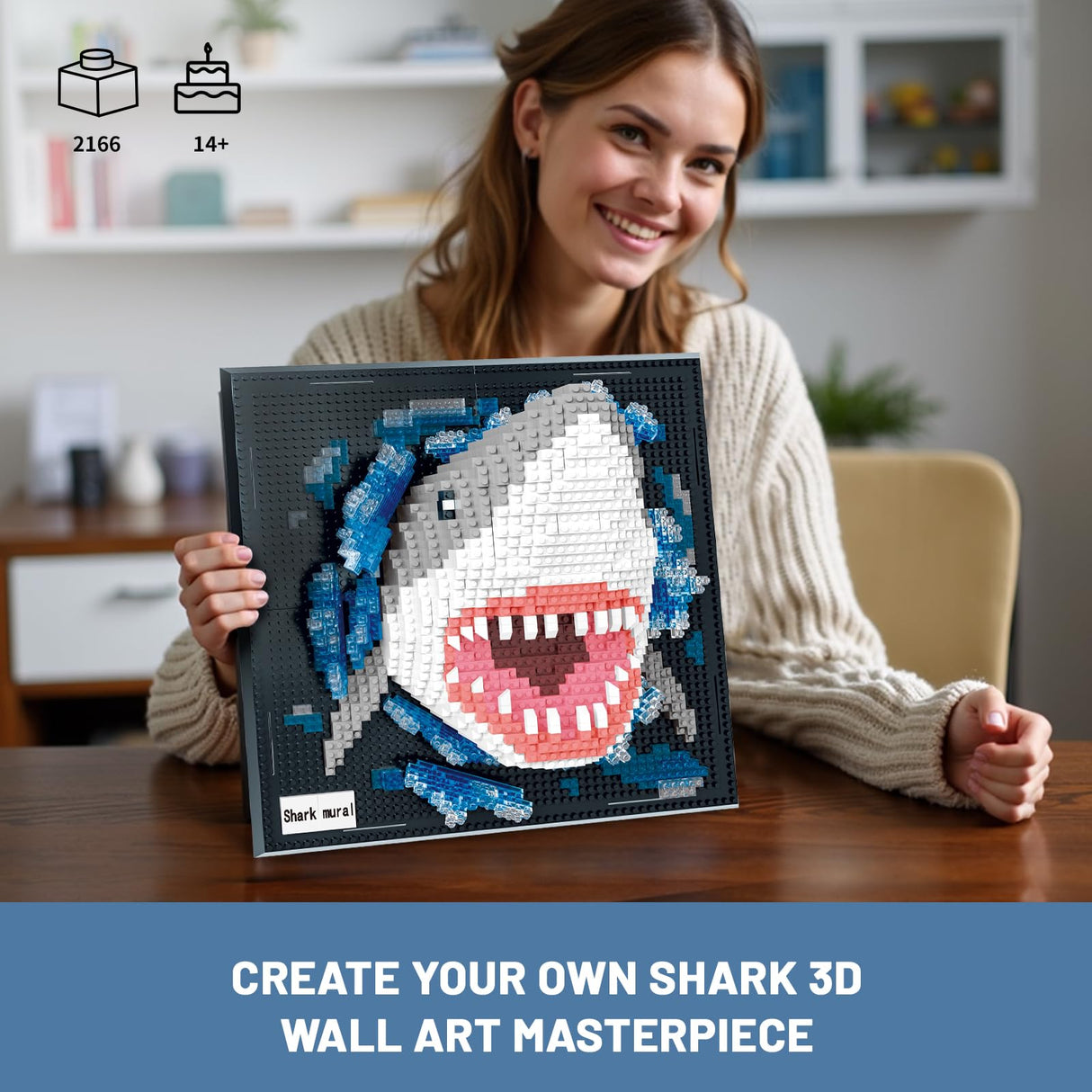Shark Animal 3D Wall Art Micro Mini Building Blocks Set for Adults, Unique Home Wall Decor or Table Display, No Compatible with Lego, Ideal Birthday Christmas Toy Gift for Teens (2166 PCS)
