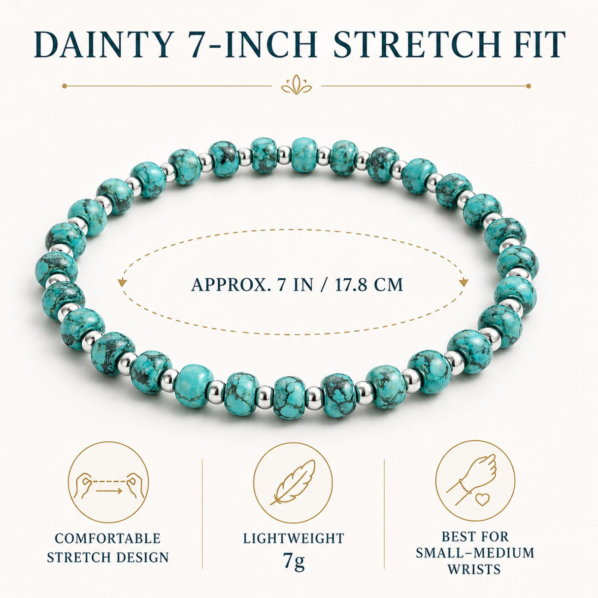 Sheplus 925 Sterling Silver Genuine Turquoise Rosary Beaded Bracelet,Minimalist Real Southwestern Stretch Summer Jewelry for Women Ladies Wife Wife Girlfriend Sister