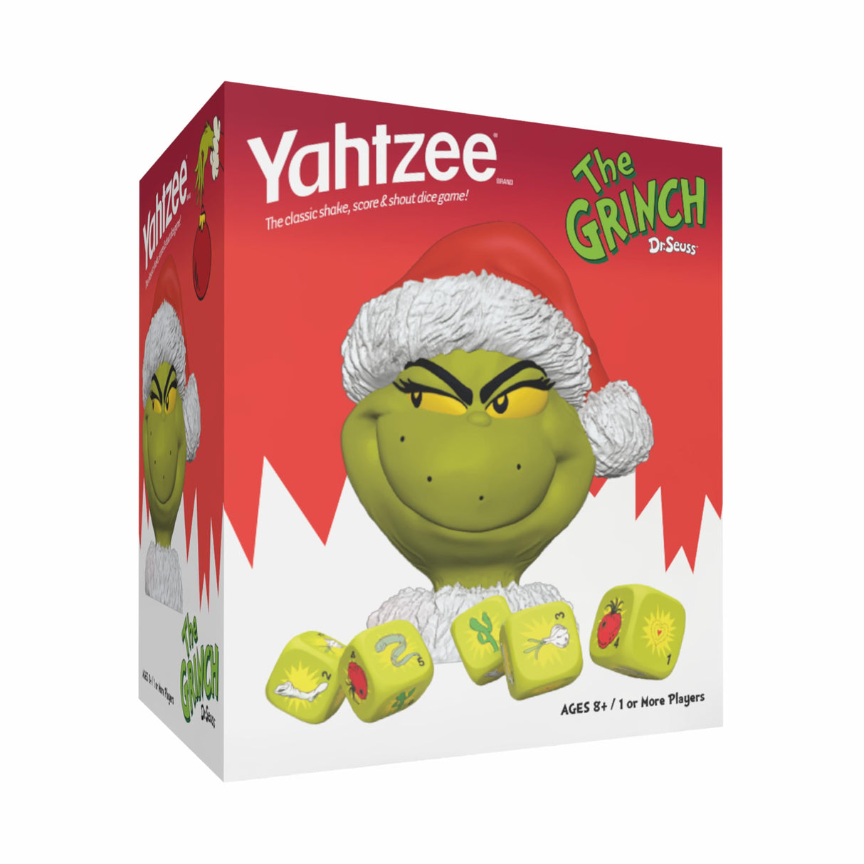 YAHTZEE Grinch Dice Game, Collectible Grinch Dice Cup with Green Dice, Christmas Themed Family Board Game, Classic Game with a Festive Dr. Seuss Twist, Officially Licensed Dr. Seuss Game & Merchandise