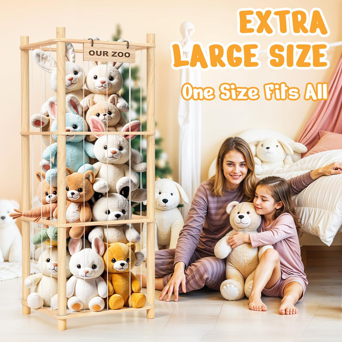 Woodure Stuffed Animal Storage & Organizer, Wooden Toy Holder Zoo for Kids