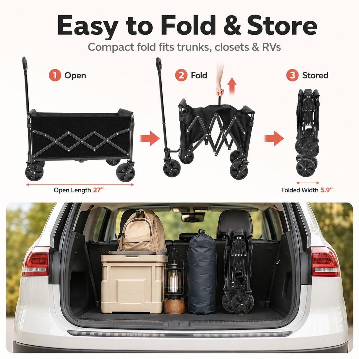 Collapsible Wagon Cart with Wheels Foldable, Compact Folding Utility Wagon