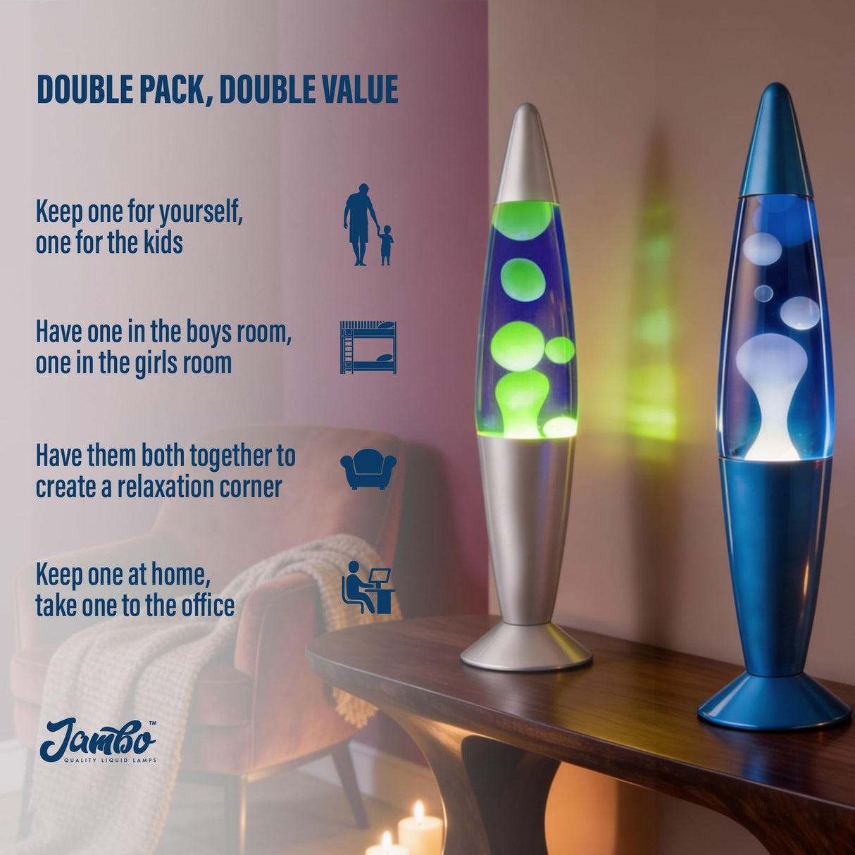 JAMBO 2 Pack- 16" Beautiful Lamp- Blue with Yellow/Green Wax and Purple with Pink Wax, Relaxing Liquid Lamp, Night Light Nightlight, Lamps for Adults Teens Kid