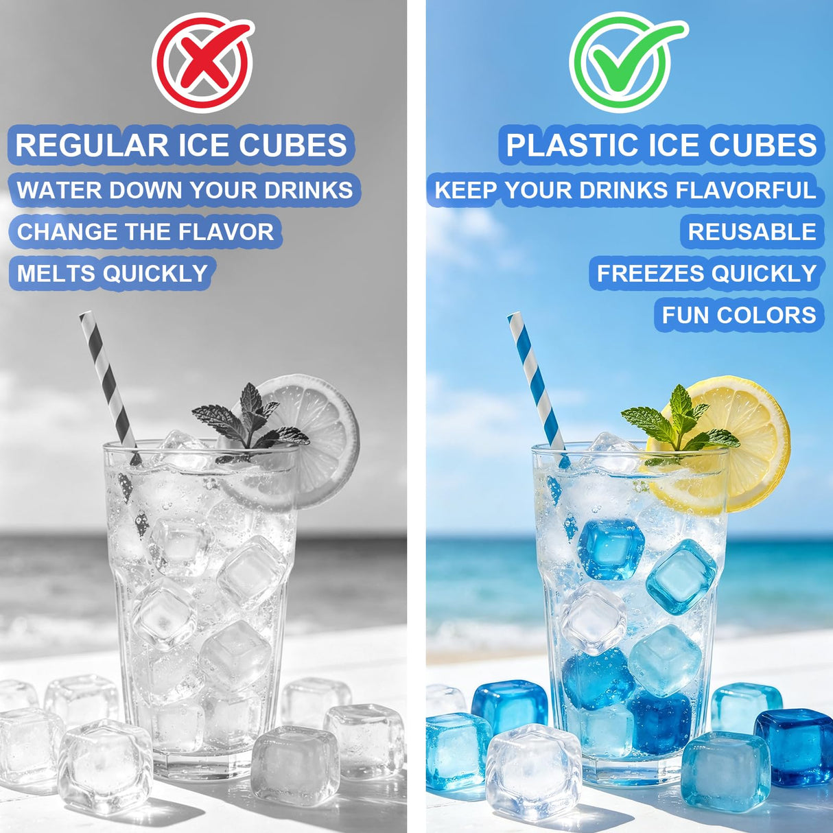 10lb Reusable Ice Cubes, Plastic Cubed Ice Reusable, Non Melting Refreezable Cubes for Chilling Drinks Coolers Bath Camping Party