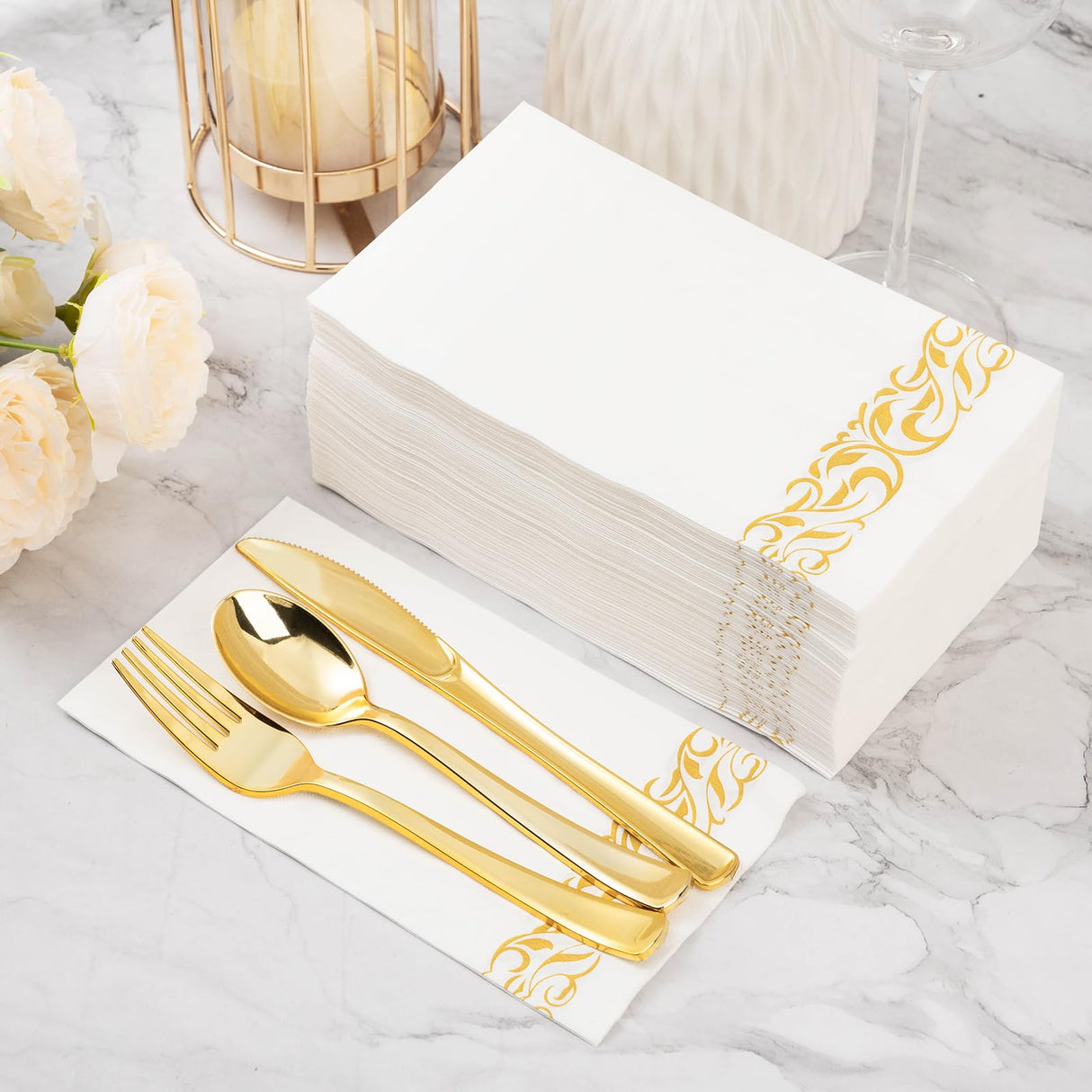 BESTVIP 200 Pack Disposable Paper Napkins,3-Ply Dinner Napkins with Gold Trim for Guests,Bathroom Paper Hand Towels Soft and Absorbent,Perfect for Christmas,Kitchen,Dinner,Party,Wedding or Event