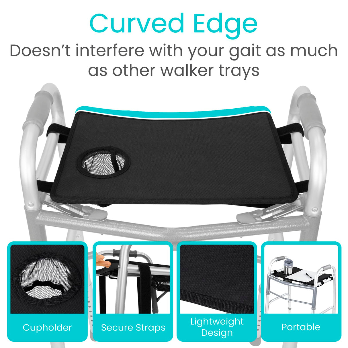 Vive Walker Tray for Folding Walker - (w/Cup Holder) - Adult Mobility Accessories - Fits Standard Walkers - Medical Table for Seniors Non Slip Mat for Food - Removable & Easy Assembly (Black)