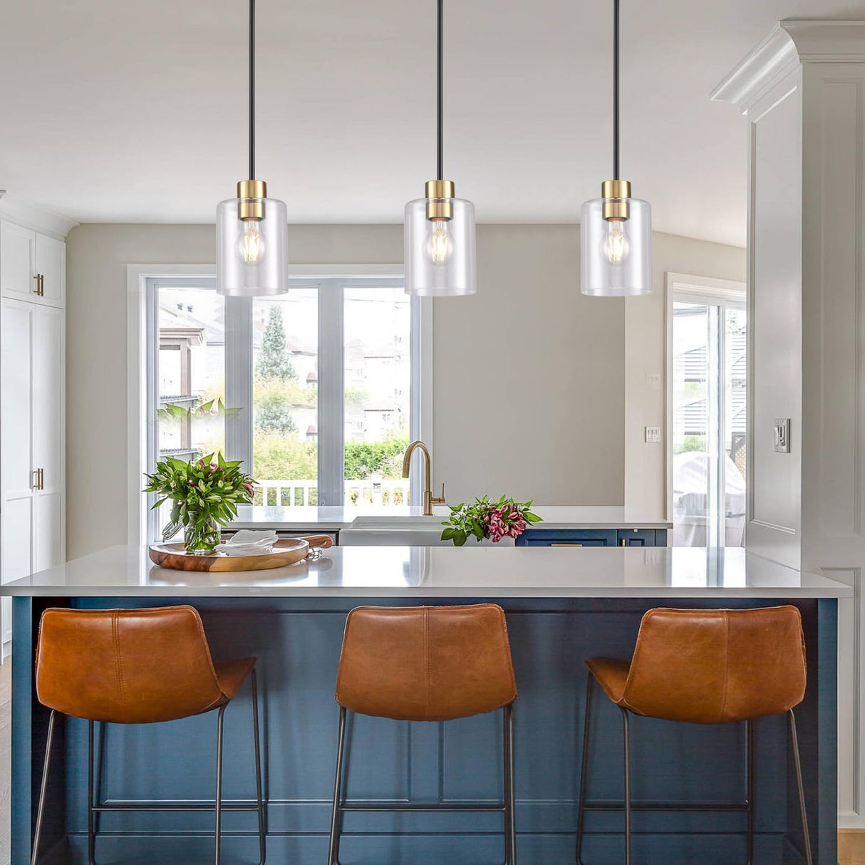 KLSS Black Brass Pendant Lights Kitchen Island - Clear Glass Pendant Light Fixture Multiple Stems Rods 3 Units 12 Inch 3 Units 4 Inch (2 Pack Black Brass Downrod)