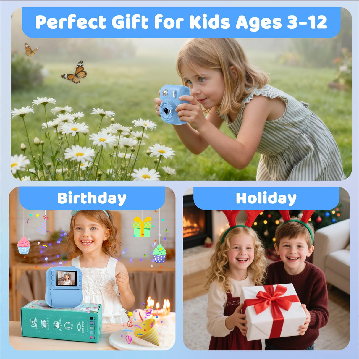 Instant Print Camera for Kids,Christmas Birthday Gifts for 3 4 5 6 7 8 9 10 11 12 Year Old Boys Girls,Toddler Digital Video Camcorder Cameras, Best 1080P HD Selfie Toy with 32GB SD Card