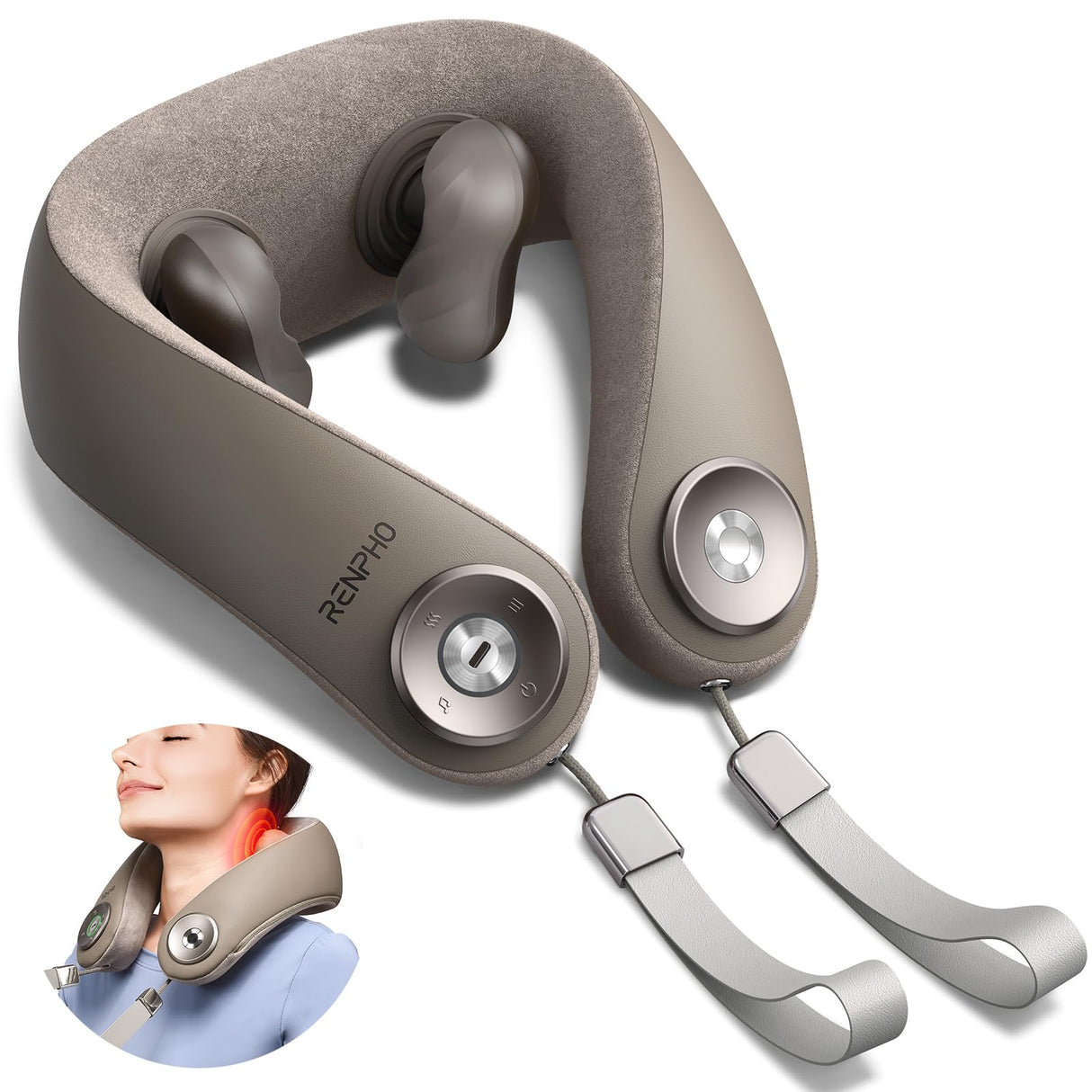 RENPHO Neck Massager with Heat [2025 Upgraded], 6D Cordless Neck Massager for Pain Relief Deep Tissue, Deep Kneading Shoulder Massage, Mothers Day Gifts for Women Men Mom Dad, Khaki