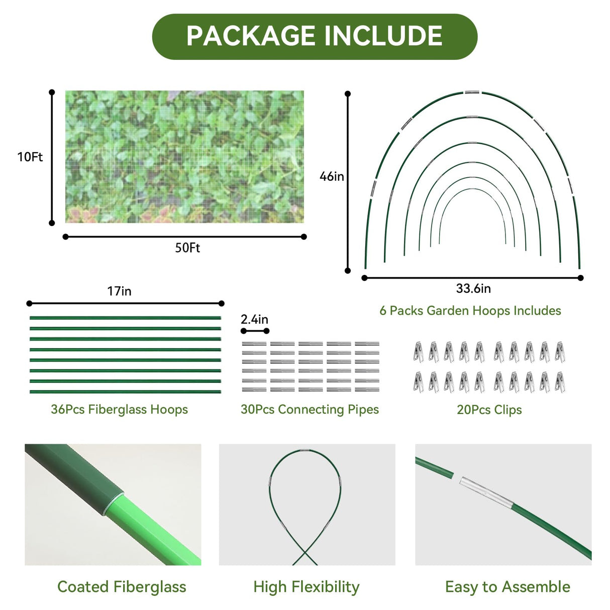 Garden Netting Kit for Raised Beds, 10x50FT Ultra Fine Mesh Netting＆ 6 Sets of 8FT Fiberglass Garden Hoops, Row Cover Insect Netting for Vegetable Plant Fruit Flowers Protection