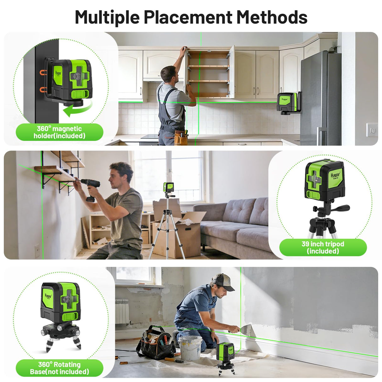 Huepar Laser Level with Tripod,100Ft Self Leveling Green Cross Line Laser for Picture Hanging, Tile, Decoration & DIY Construction – AA Battery&Picture Hanging Strips, Indoor Use
