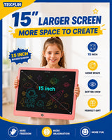 TEKFUN 15 Inch LCD Writing Tablet for Girls Ages 3–12, Large Drawing Tablet for Kids, Screen-Free Writing Pad for Learning Quiet Time, Creative Christmas Gift for 3 4 5 6 7 8 Year Old Girl (Pink)