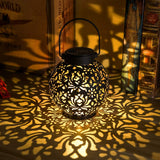 EXCMARK 2 Pack Outdoor Solar Hanging Lantern Lights Metal LED Decorative Lamp for Garden Patio Courtyard Lawn and Table with Hollowed-Out Design (Black)