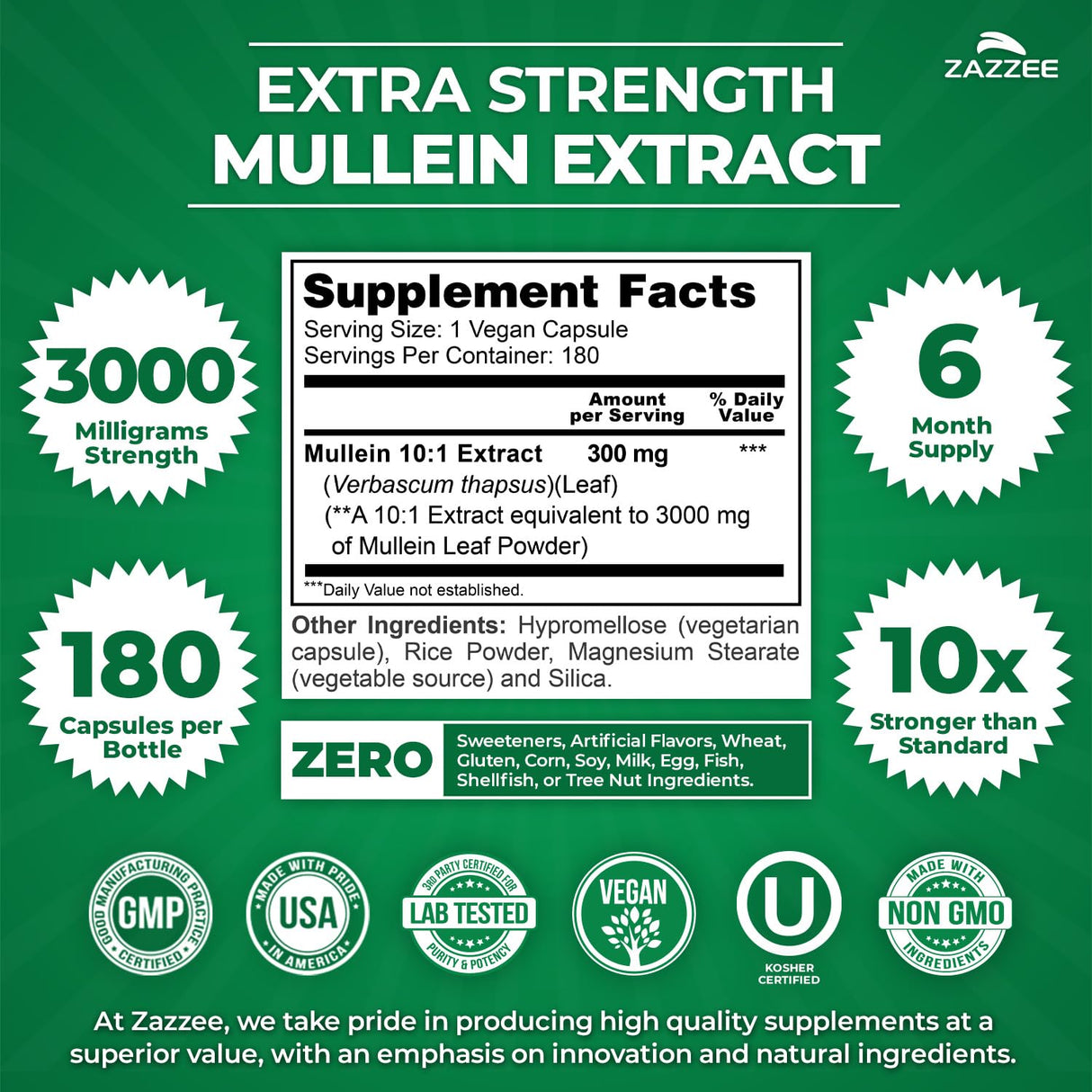 Zazzee Extra Strength Mullein 10:1 Extract, 3000 mg Strength, 180 Vegan Capsules, 6 Month Supply, Standardized 10X Extract, 100% Pure Leaf Powder, All-Natural and Non-GMO, Made in The USA