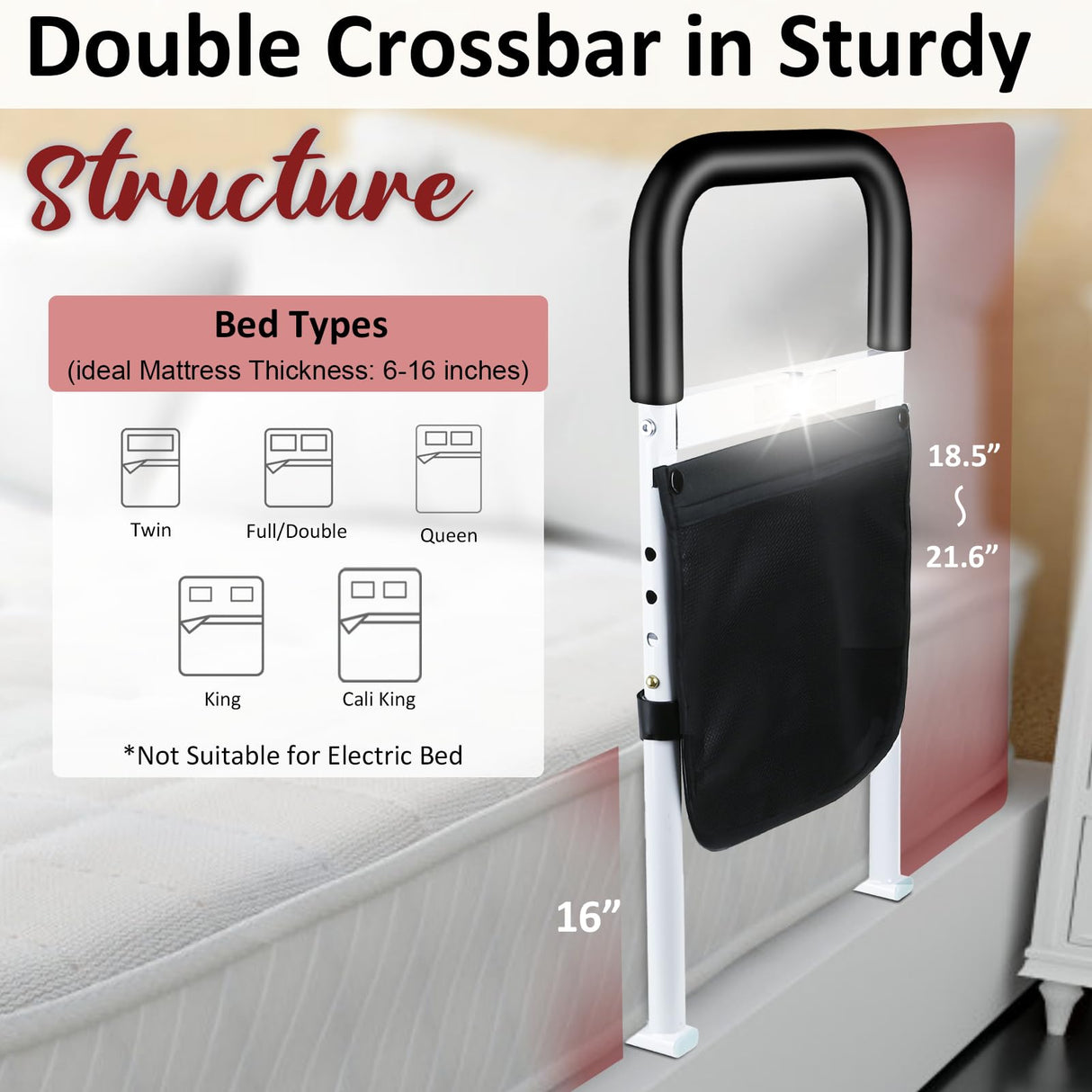UHdod Bed Rails for Elderly Adults Safety with Motion Light Storage Pocket, Adjustable Heights Bed Cane Stable, Bedside Assist Bar Protects Seniors from Falling, Bed Assist Rails Fits Any Bed