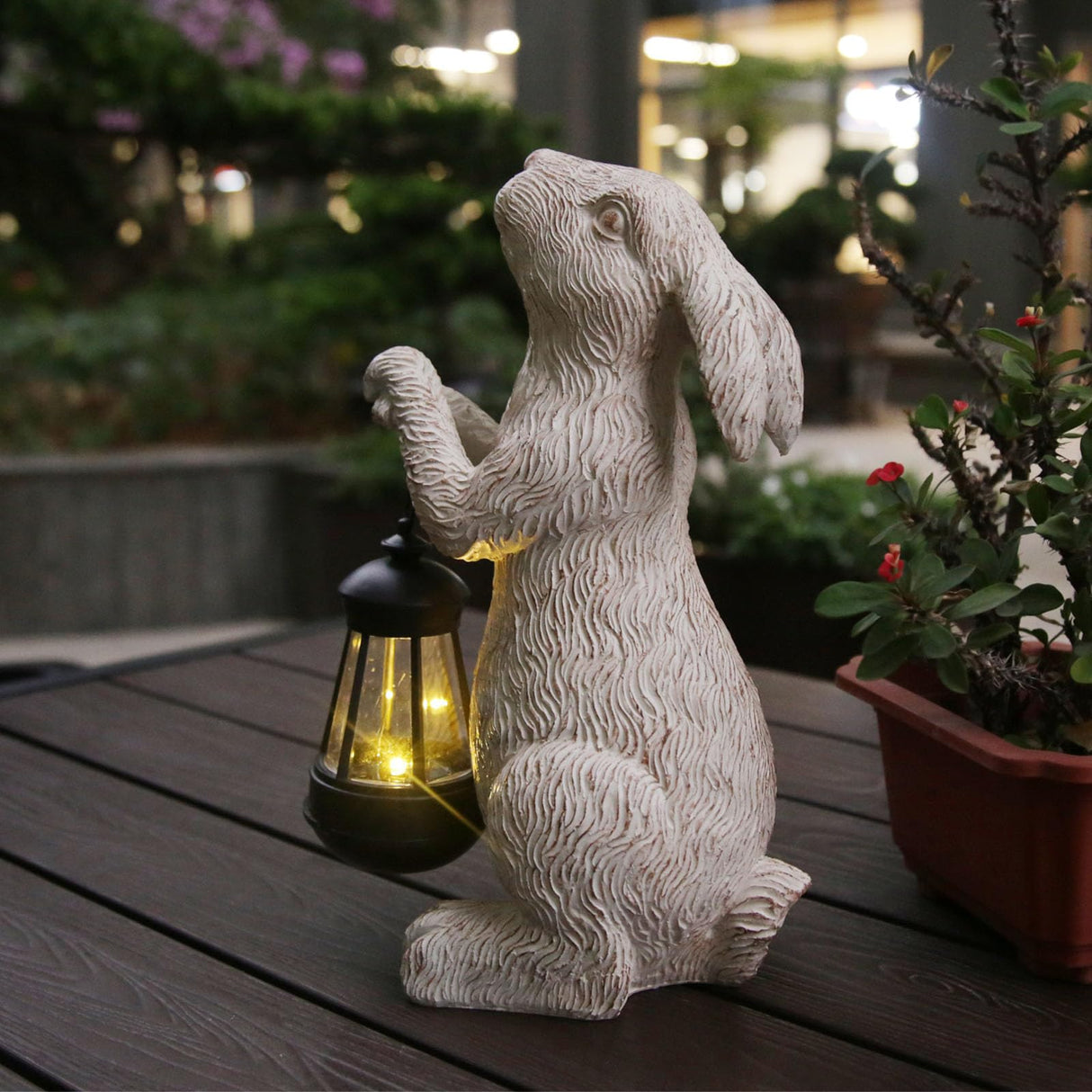 REYISO Garden Statues Rabbit with Solar Lights- Bunny Figurine Outdoor Rabbit Fall Decor for Home Lawn,Balcony-Yard Art Garden&Patio Whimsical Decor,Unique Housewarming&Birthday Gifts for Women Mom
