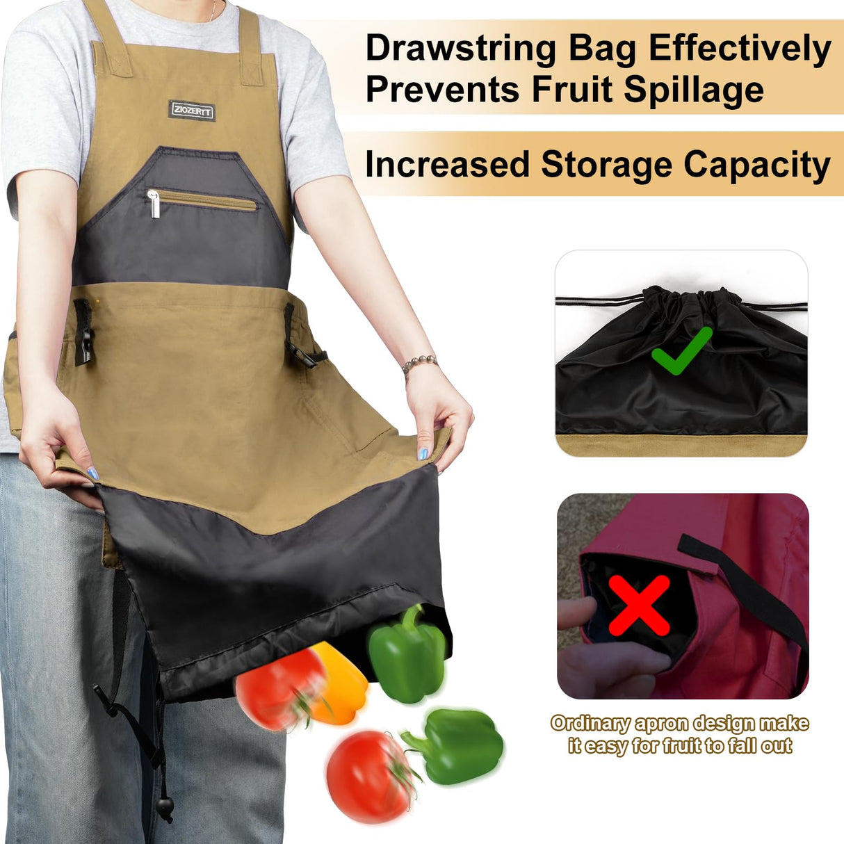 ZIOZERTT Garden Apron,Harvest Apron with Drawstring Bag and Pockets for Women and Men,Canvas Gardening Tool Belt, Gardening Gifts for Mom,Dad,Brown