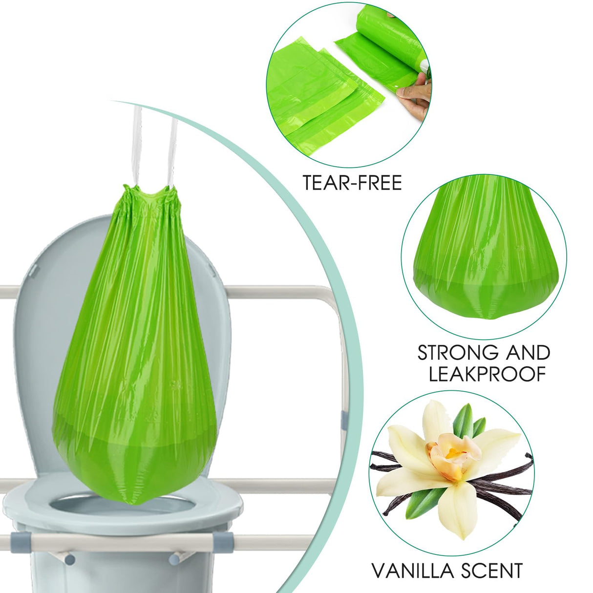 BOOWOO Bedside Commode Liners with Absorbent Pads, 50 Disposable Commode Bags and 50 Pads, Scented Adult Potty Chair Liners, Portable Commode Poop Bags for Commode Chair, Bedpan, Bucket Toilet