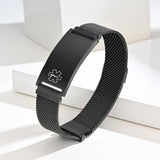 VNOX Medical Alert Id Bracelet for Men Women,Black Custom Engraving Adjustable Stainless Steel Customizable Mesh Emergency Survival Medic Bracelets Wristband Loop Band, Black