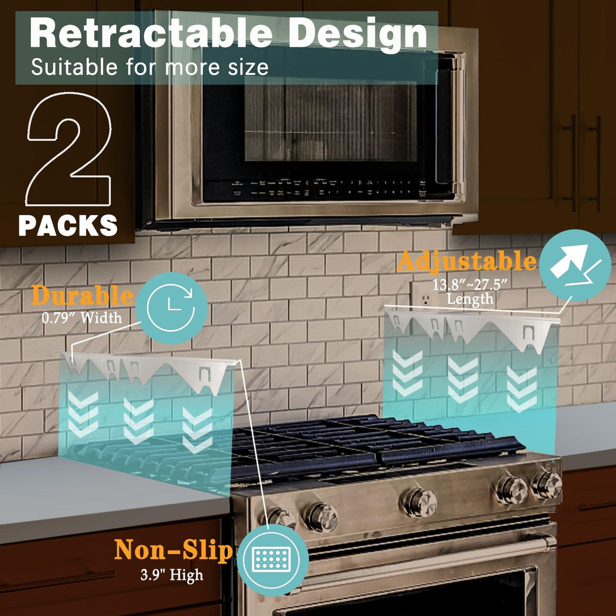 Stove Gap Covers Stainless Steel, 2 Pack Stove Gap Filler Easy Retractable Length 13.8" to 27.5", Width 0.79" ALMCALS Range Trim Kit, Heat Resistant Guard Between Stove Top & Counter