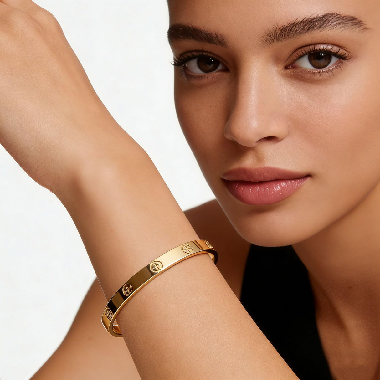 LUCSIS Waterproof 18K Gold PVD Plated Bangle Bracelet for Women, Stainless Steel Bracelet Non Tarnish with Cross Pattern Engraved and 5A Grade Cubic Zirconia, Trendy Fashion Jewelry Gift