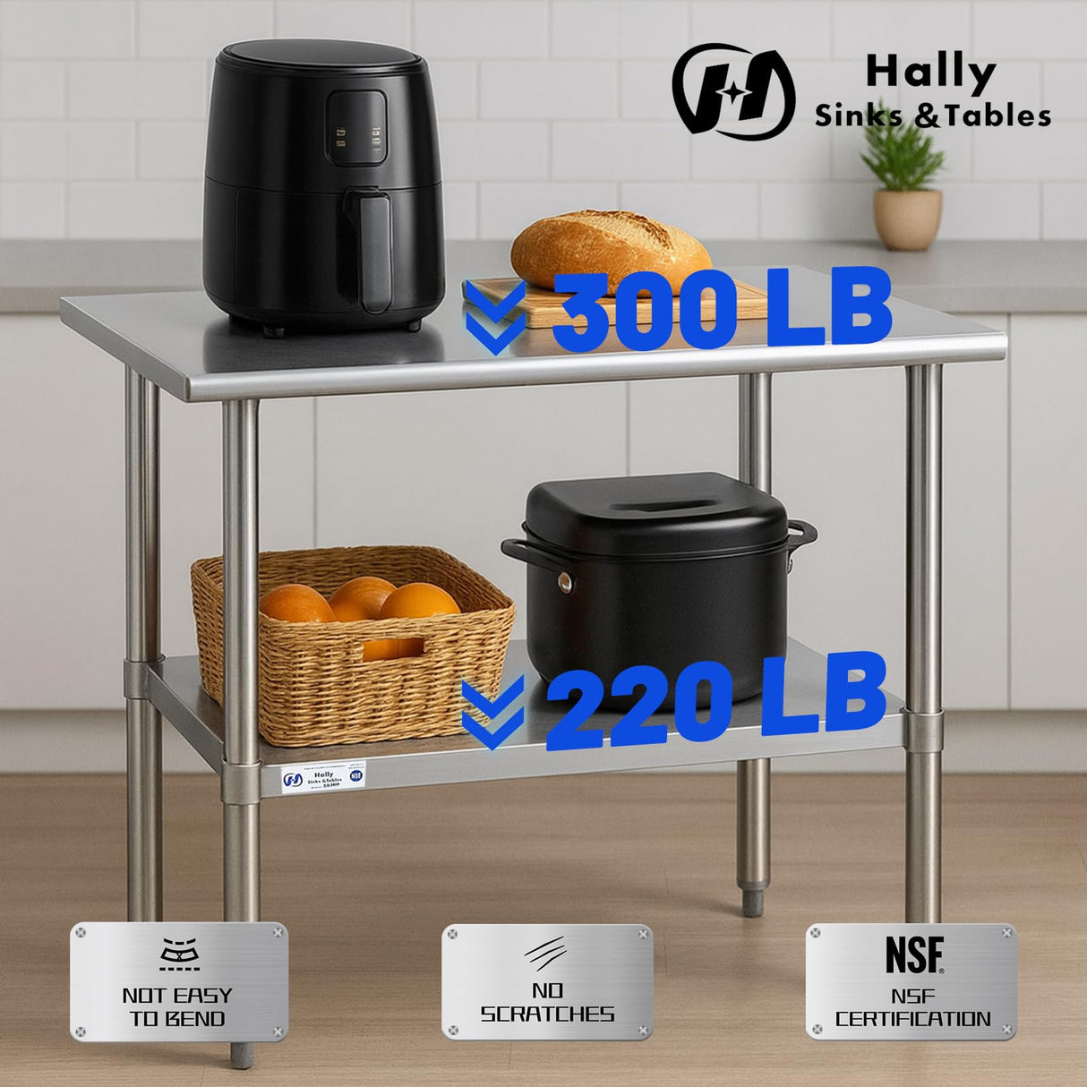 Hally Stainless Steel Table for Prep & Work 30 x 12 Inches, NSF Commercial Heavy Duty Table with Undershelf and Galvanized Legs for Restaurant, Home and Hotel