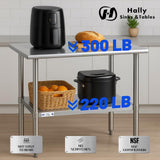 Hally Stainless Steel Table for Prep & Work 30 x 12 Inches, NSF Commercial Heavy Duty Table with Undershelf and Galvanized Legs for Restaurant, Home and Hotel