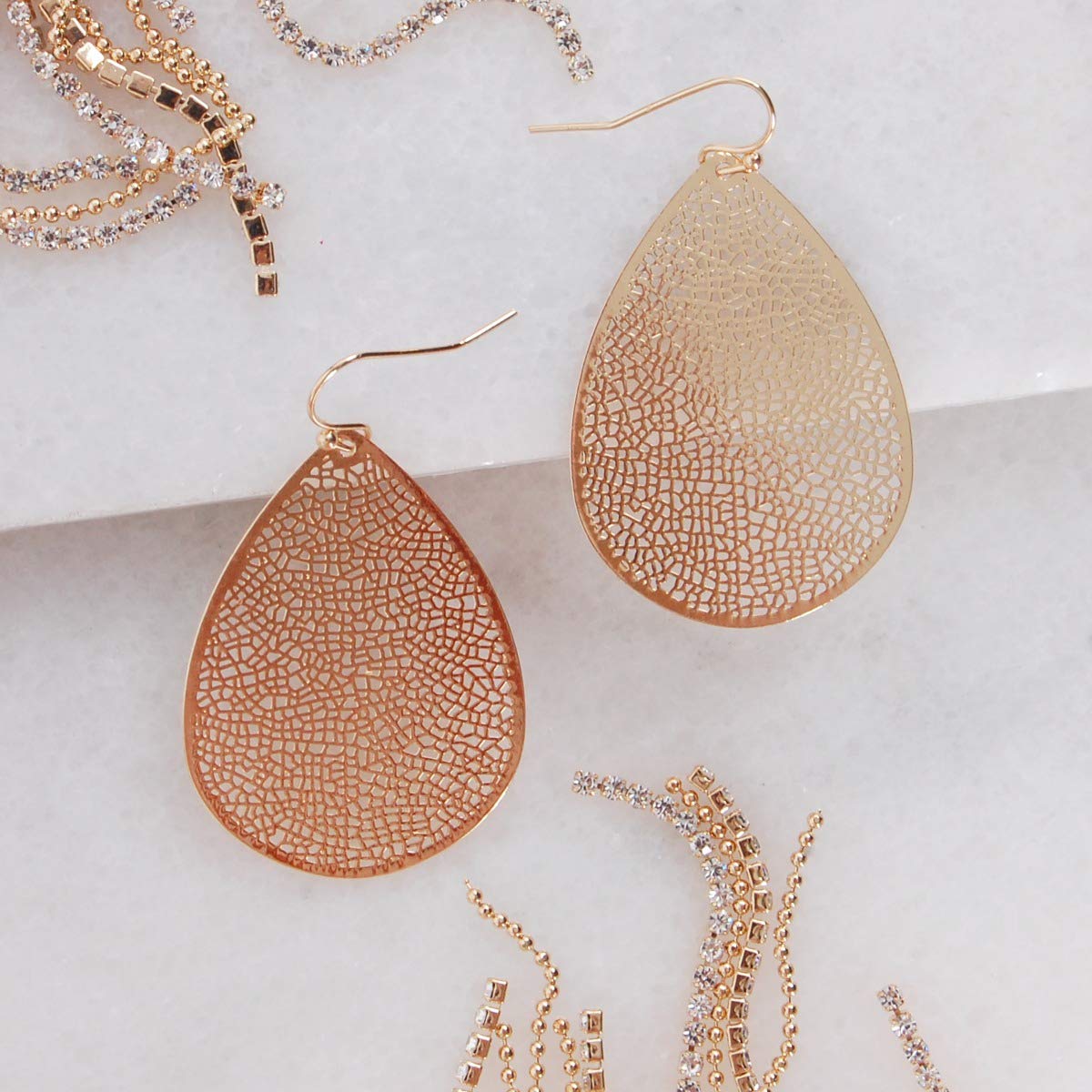 Gold Tone Teardrop Earrings for Women - Boho Simple Filigree Leaf Dangles