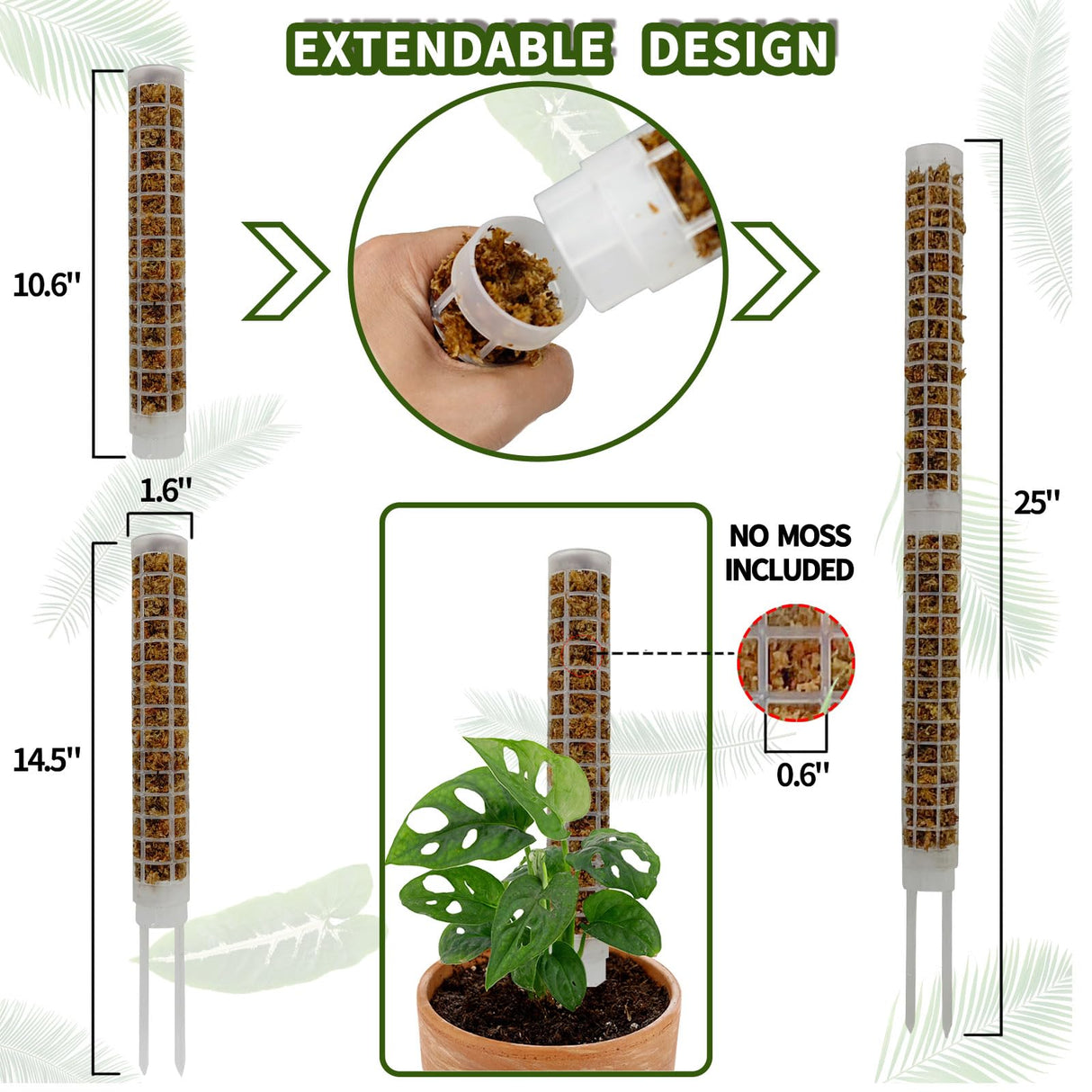 Small Moss Pole for Monstera - Stackable & Refillable Plastic Moss Poles for Climbing Plants with Large Mesh Design (12Pack-White-Small)