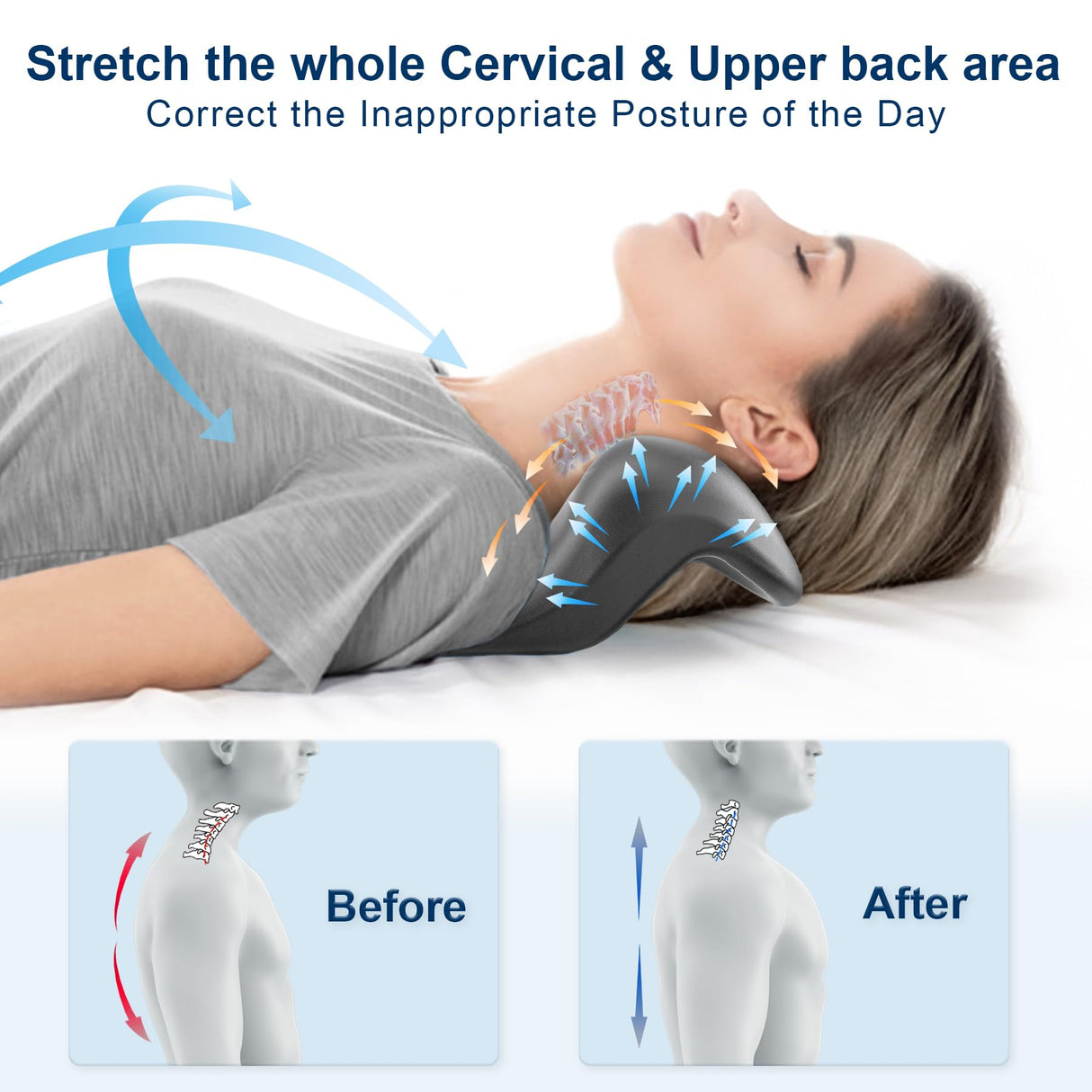 Neck and Shoulder Relaxer with Upper Back Massage Point, Cervical Traction Device Neck Stretcher for TMJ Pain Relief and Cervical Spine Alignment Chiropractic Pillow (Grey)