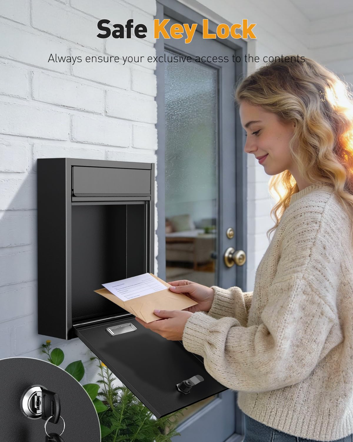 Uniclife Wall Mount Mailbox for Outside, Locking Mail Box, Large Mailbox with Key Lock, Security Mail Box for House, Safe Key Drop Box, Post Box, Steel Cash Drop Box for Home Office School, Black