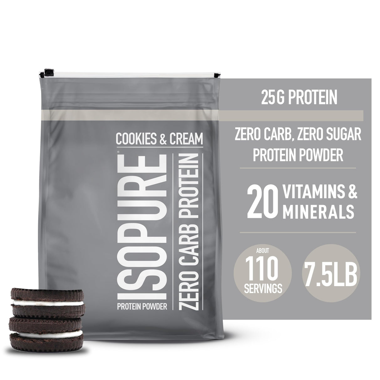 Isopure Zero Carb 100% Pure Whey Isolate Protein Powder, Lactose Free, Gluten Free, With Vitamins, Cookies & Cream, 25g Protein Per Serving, 7.5 Lbs, 110 Servings (Packaging May Vary)