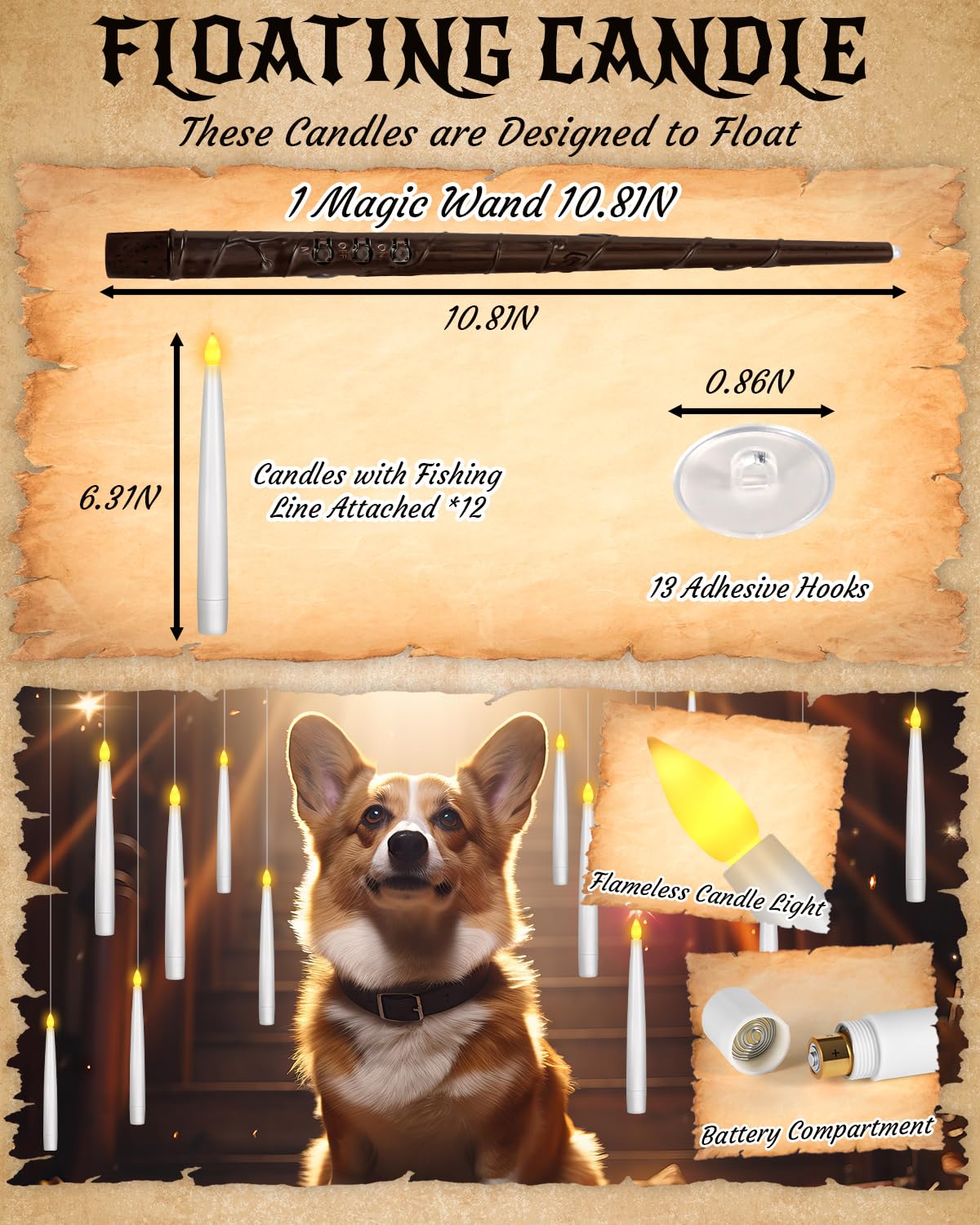 Halloween Decor Floating Candles With Wand, 20pcs Magic Hanging Candles With Remote, 6.3IN Flameless Taper Led Candle Battery Operated Floating Window Candle, Decor for Christmas, Wedding, Halloween