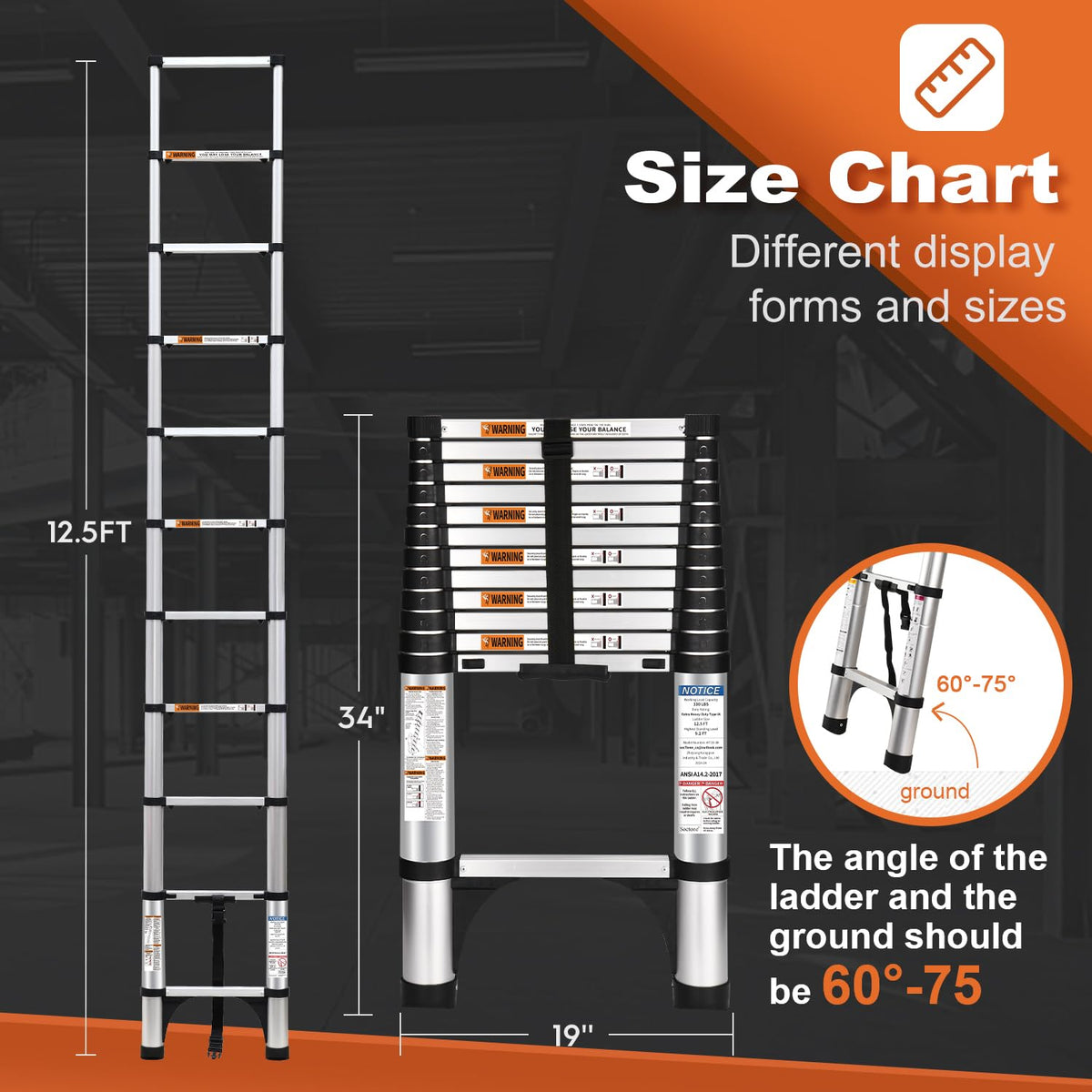 Ladder Retraction Soctone Telescoping Ladder, 12.5 FT Aluminum Button Retraction Extensi ...