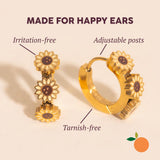Oh Clementine 3D Sunflower Huggie Hoop Adjustable Clasp Earrings for Women- 316L Stainless Steel with 18k PVD Gold Coating