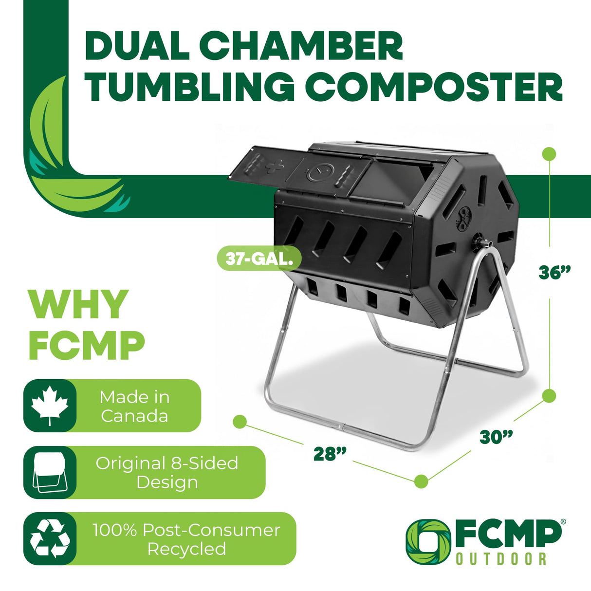 FCMP Outdoor Heavy Duty 37 Gallon 8 Sided Steel Portable Plastic Dual Chamber Tumbling Composter Outdoor Elevated Rotating Garden Compost Bin, Black