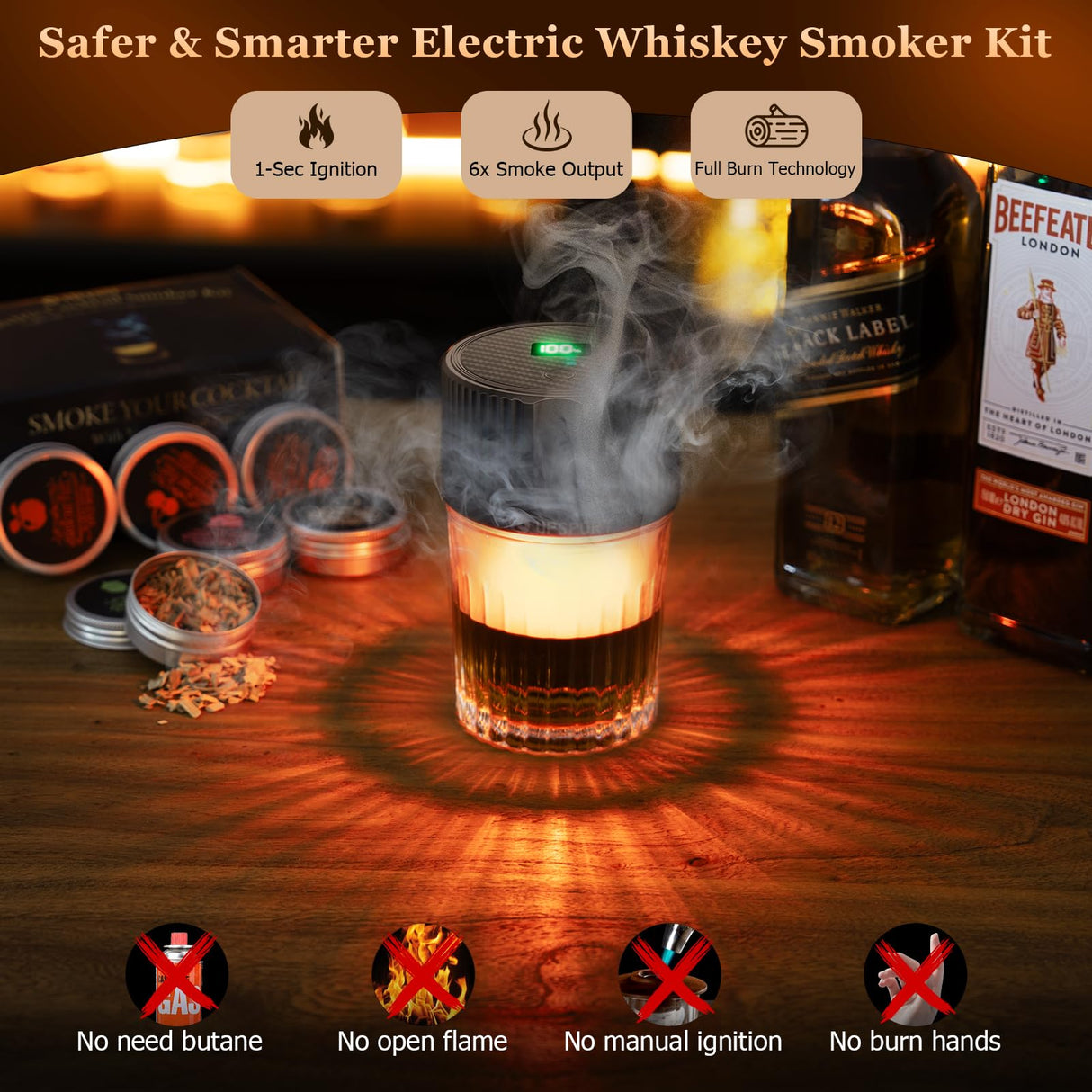UPSPORT Electric Whiskey Smoker Kit with 4 Light Modes, Rechargeable Cocktail Smoker, 6 Wood Chips, No Butane Required, Christmas/Birthday Gifts for Men, Dad, Husband