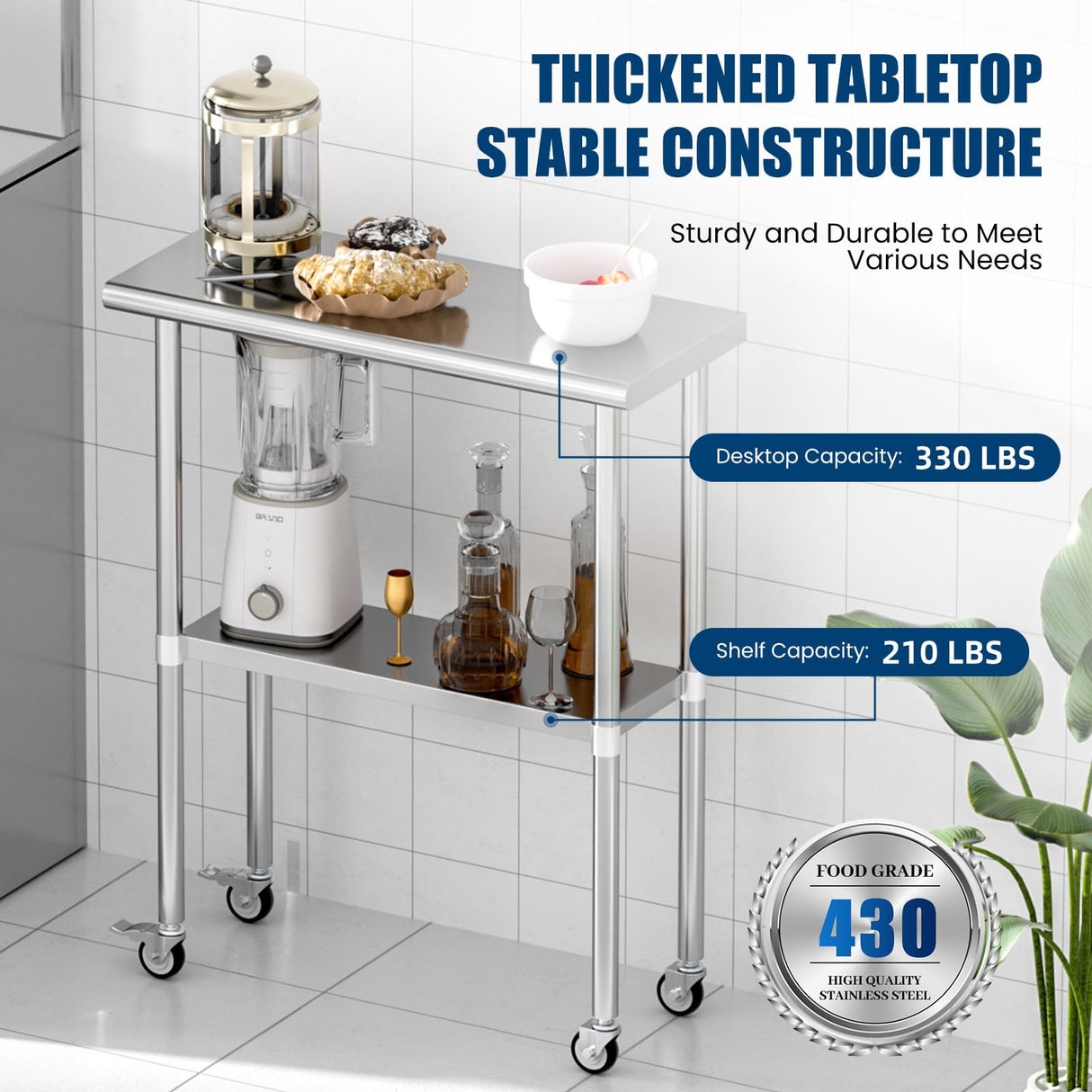 Chingoo Stainless Steel Table with Wheels 14 x 30 Inches Metal Prep Table with Adjustable Undershelf & Casters for Commercial Kitchen, Outdoor, Restaurant, Hotel & Garage