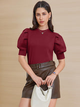 ATHMILE Women's Puff Short Sleeve Sweater Tops 2025 Fall Winter Trendy Crew Neck Casual T Shirts Blouses Christmas A-Wine Red