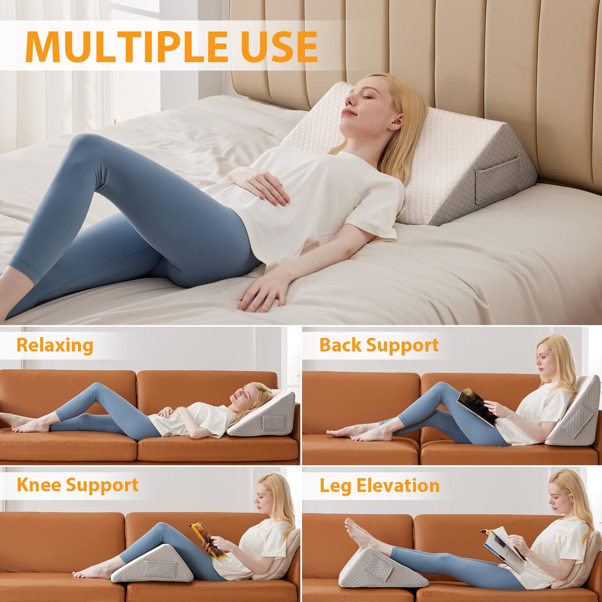 Ruqmuis Knee Wedge Pillow, 8” Knee Pillow for Back Sleeping, Leg Pillow, Triangle Pillow for Knee Support, Bolster Pillow for Legs, Post Surgery Recovery, Back Hip Ankles Pain Relief, White/Grey