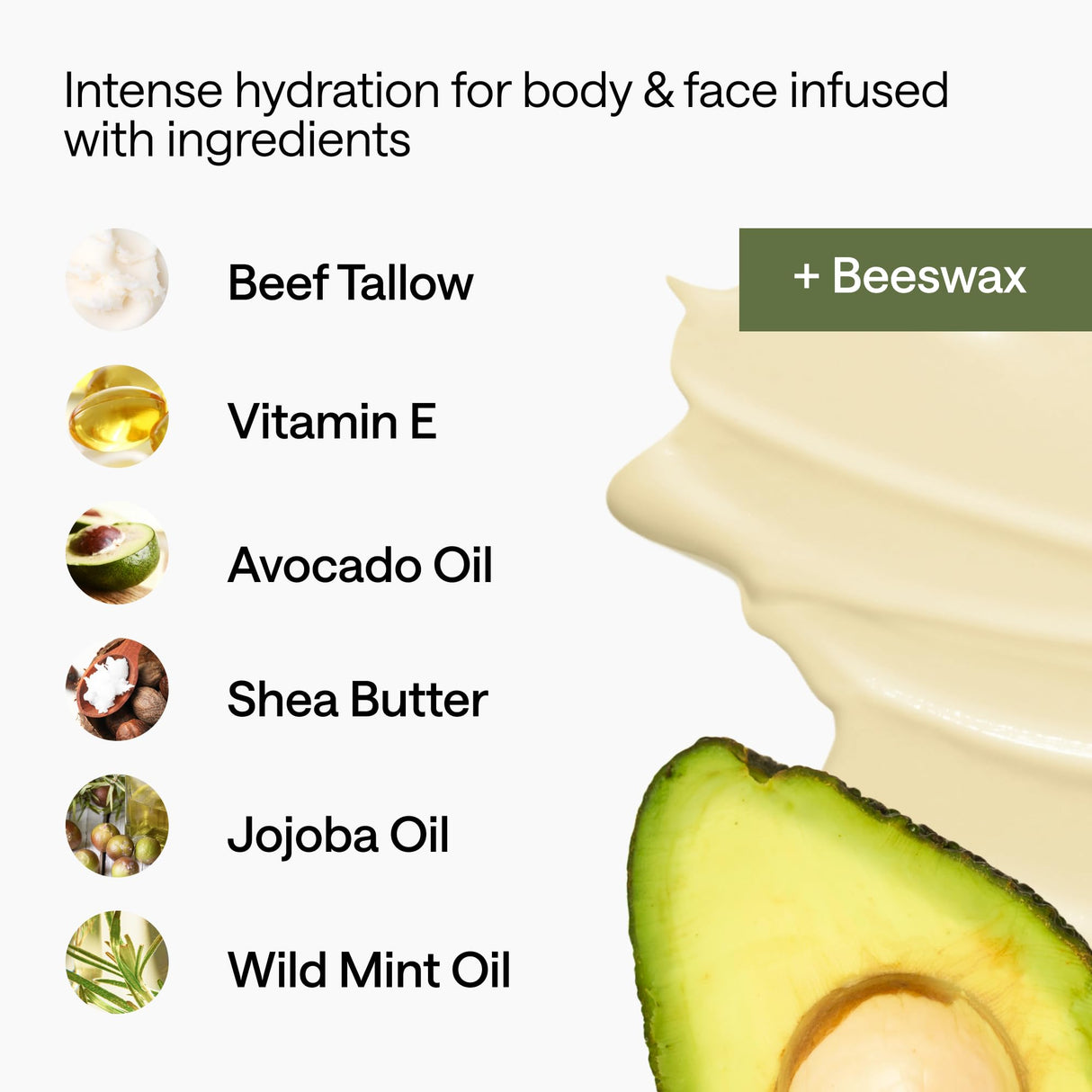 WONDER FAMILY Grass Fed Beef Tallow for Skin and Face with Avocado Oil - Dry Skin Moisturizer for Men & Women - Beef Tallow Balm for Face, 1 Wooden Spatula & Bag