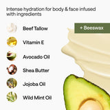 WONDER FAMILY Grass Fed Beef Tallow for Skin and Face with Avocado Oil - Dry Skin Moisturizer for Men & Women - Beef Tallow Balm for Face, 1 Wooden Spatula & Bag