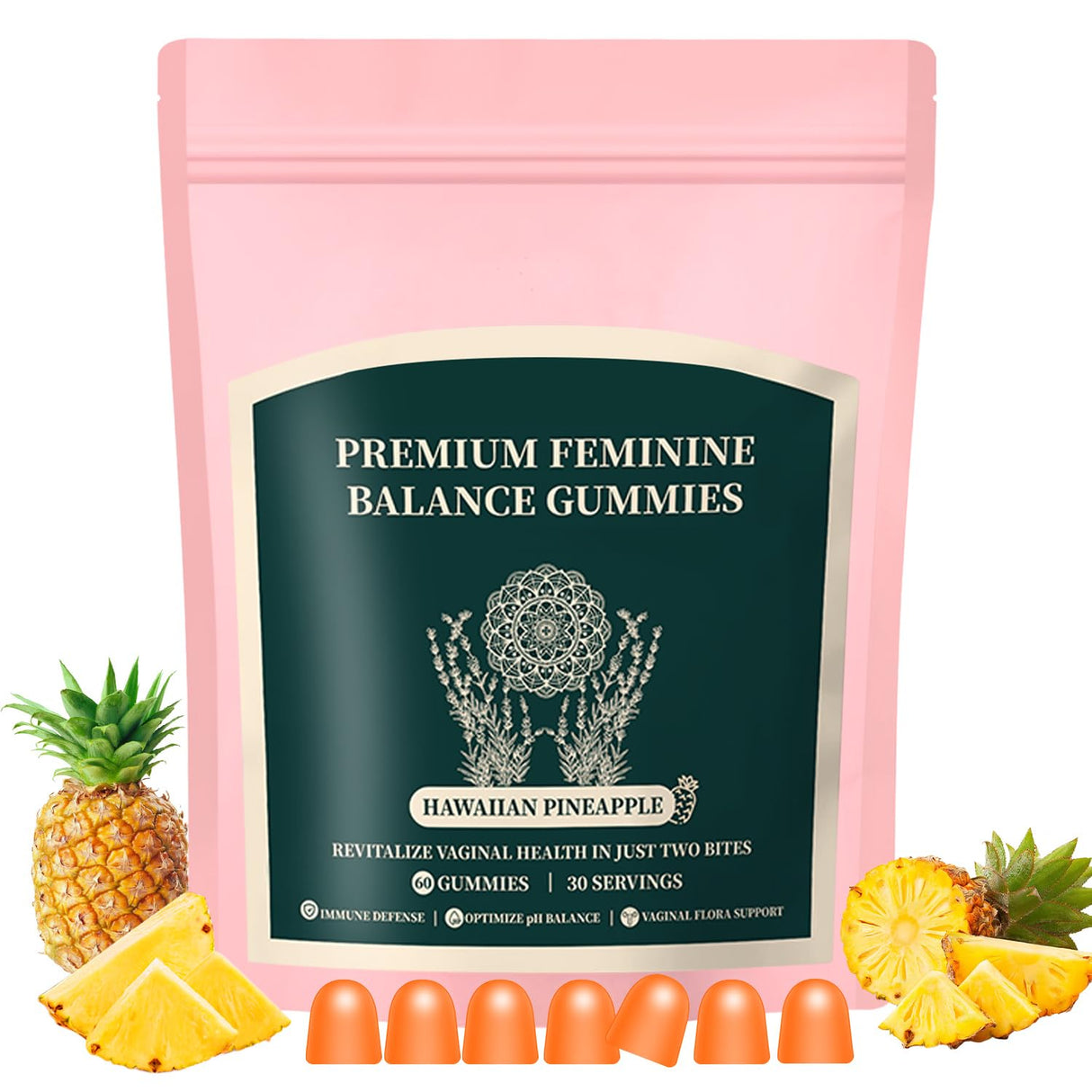 Premium Feminine Balance Gummies for Women, Pineapple Gummies for Women PH Health and Wellness, Hawaiian Pineapple Flavor, Improve Immune, Vegan, Gluten Free, Light Pink, 1 Pack