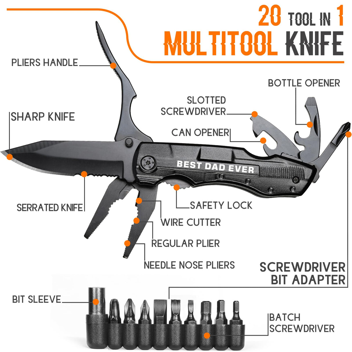 Gift for Dad, Multitool Knife BEST DAD EVER for Camping, Fathers Day Christmas Unique Dad Gifts, Dads Birthday Gift from Daughter Son, Christmas Ideal Presents for Dads, Gadget Present for Father