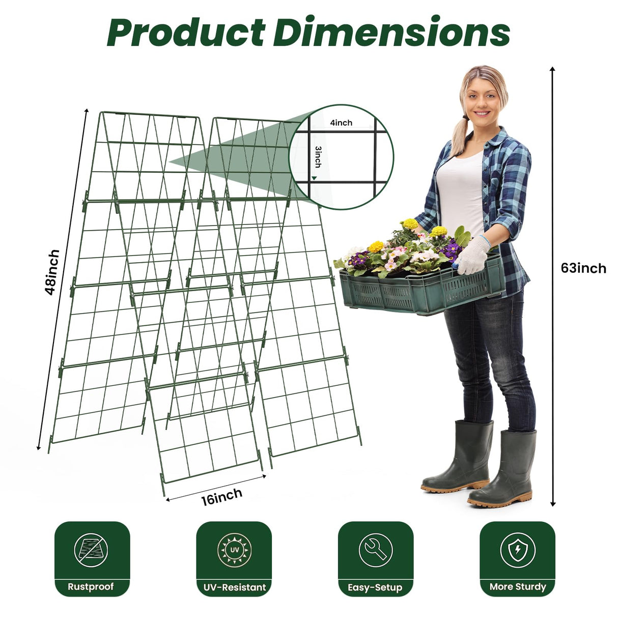 Adjustable A-Frame Trellis for Climbing Plants Outdoor, 48"x32" Cucumber Trellis for Raised Bed, Metal Garden Trellis with Grid Design, Tomato, Grape, Bean, Pea, Squash, Vegetable Trellis (Green)