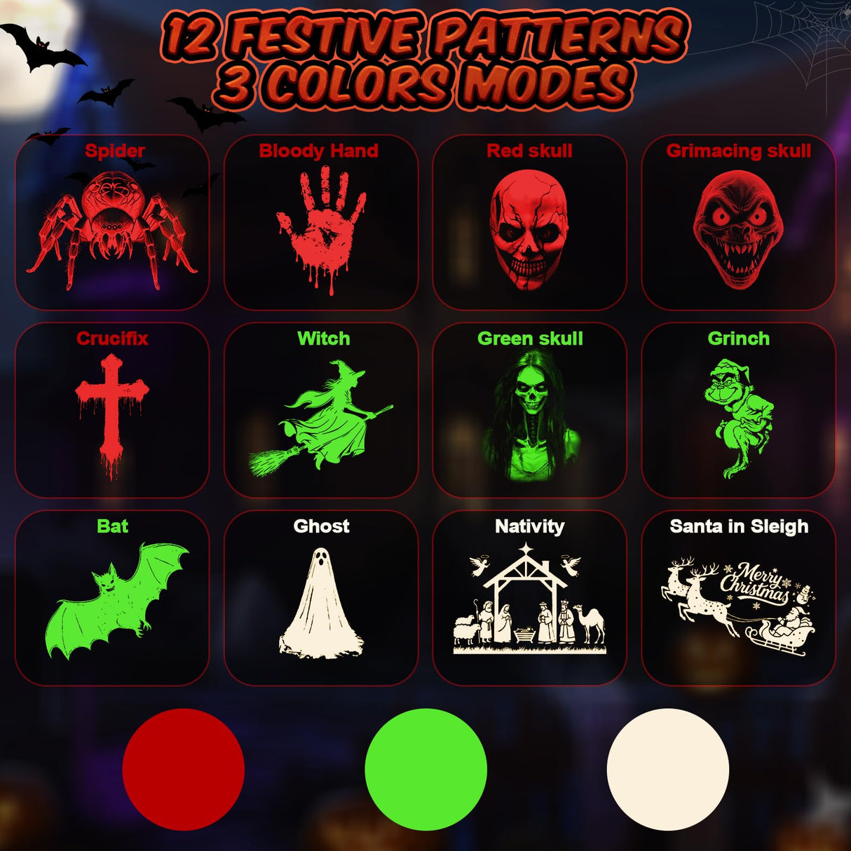 12 in 1 Halloween Christmas Projector Lights Outdoor, 3D Dynamic Ghost/Spider/Bat/Skull/Witch/Nativity/Santa in Sleigh Halloween Decorations,Night Light for Party Home Window Wall Holiday Decor